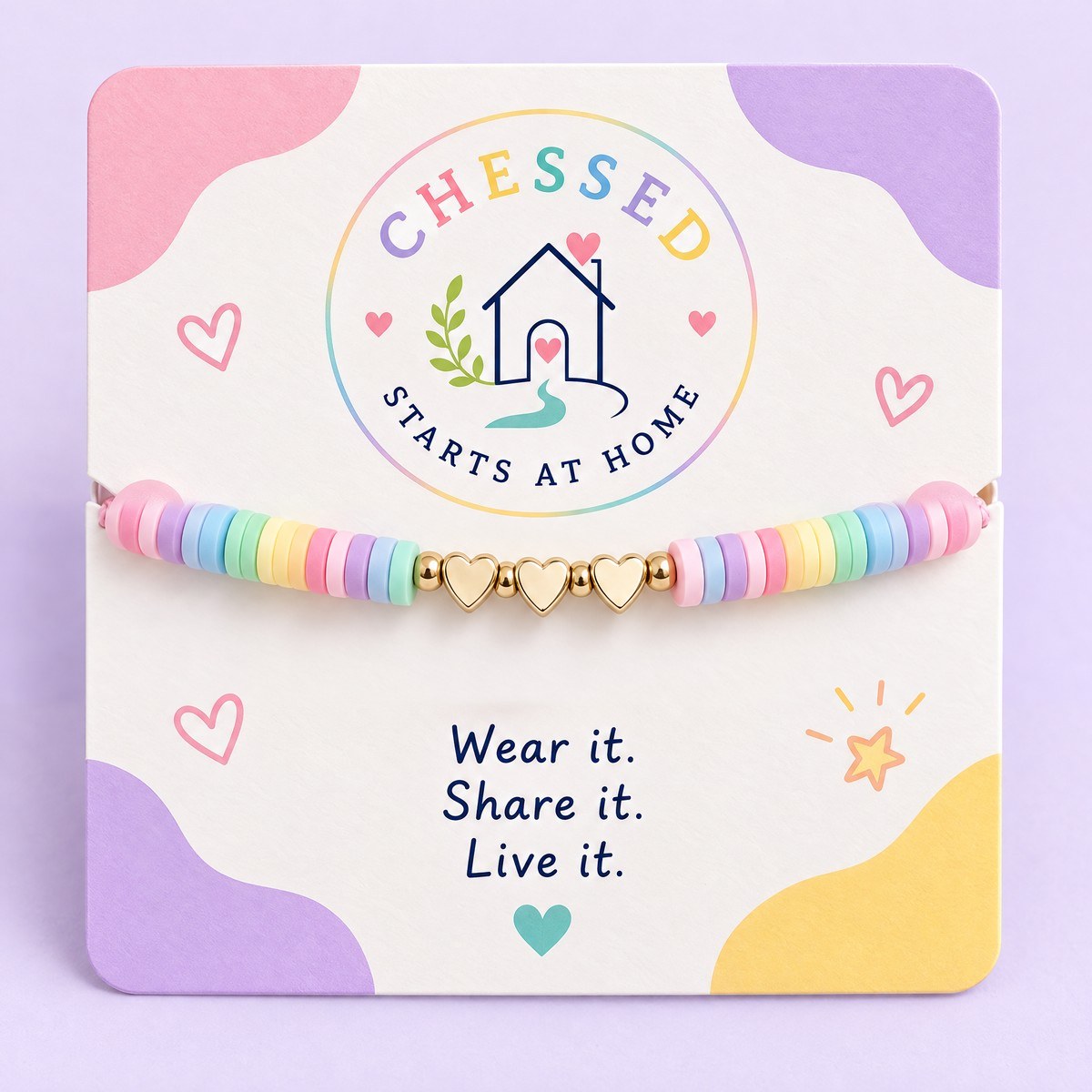 Pastel beaded bracelet with the house charm on its card